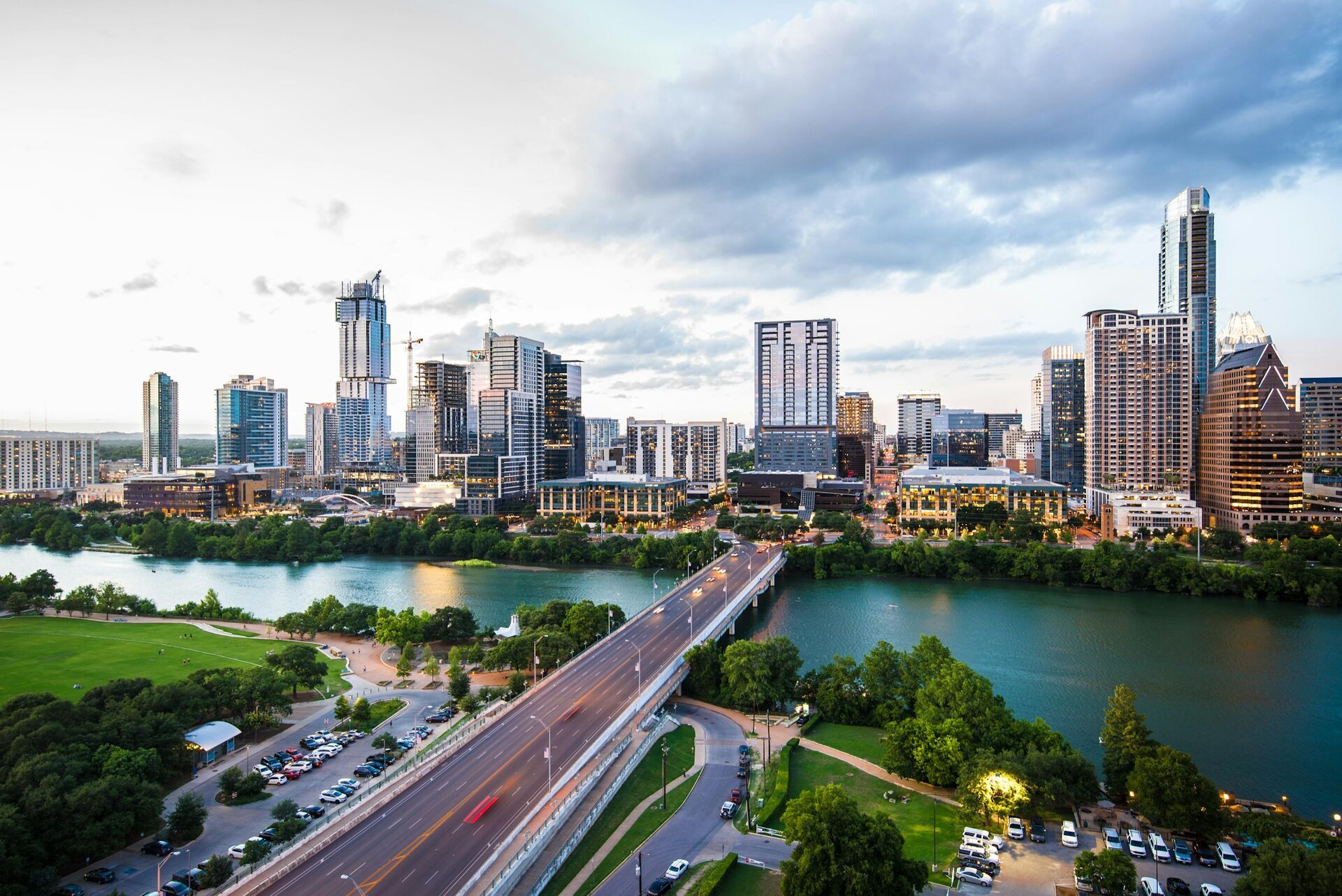 Austin Texas skyline panorama at golden hour from Lady Bird Lake